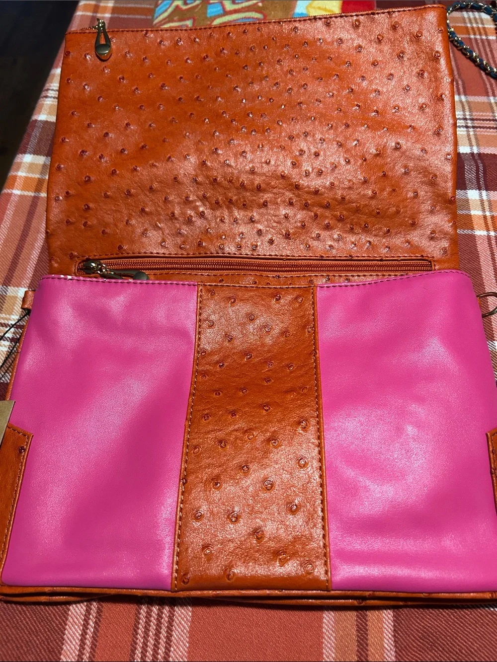 Cri De Coeur Orange FEAUX Ostrich -Texture Zip Bag with Pink Details